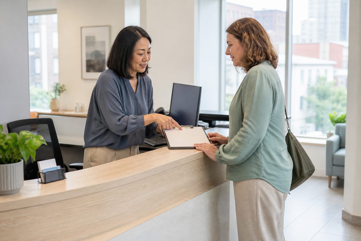 Front desk staff greeting a patient at check-in