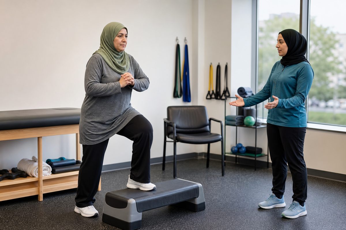 Patient doing guided light knee stretching with a clinician coaching