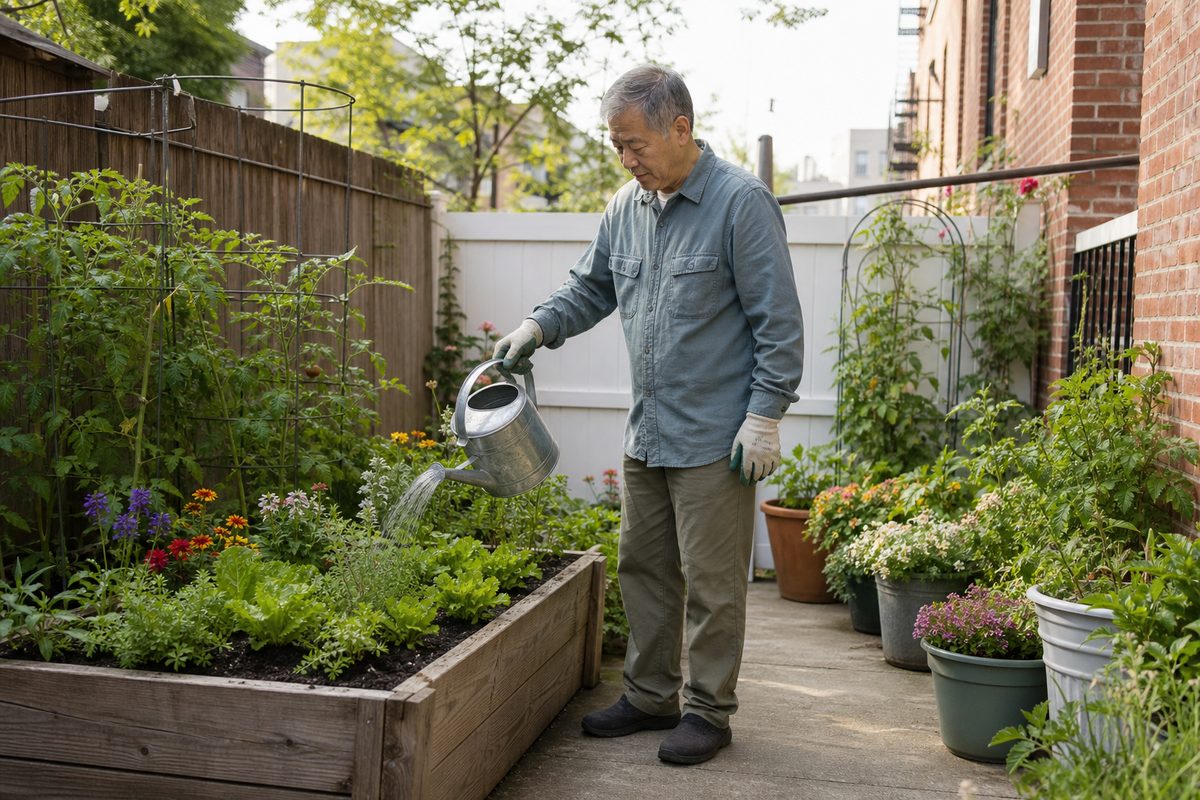 Older adult doing light gardening in the yard