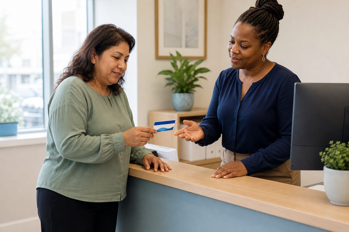 Patient and front-desk staff reviewing a Medicaid card together