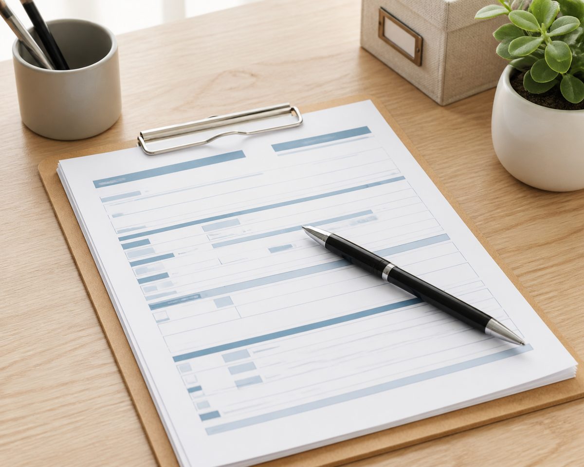 Medicaid paperwork and a pen on a clipboard