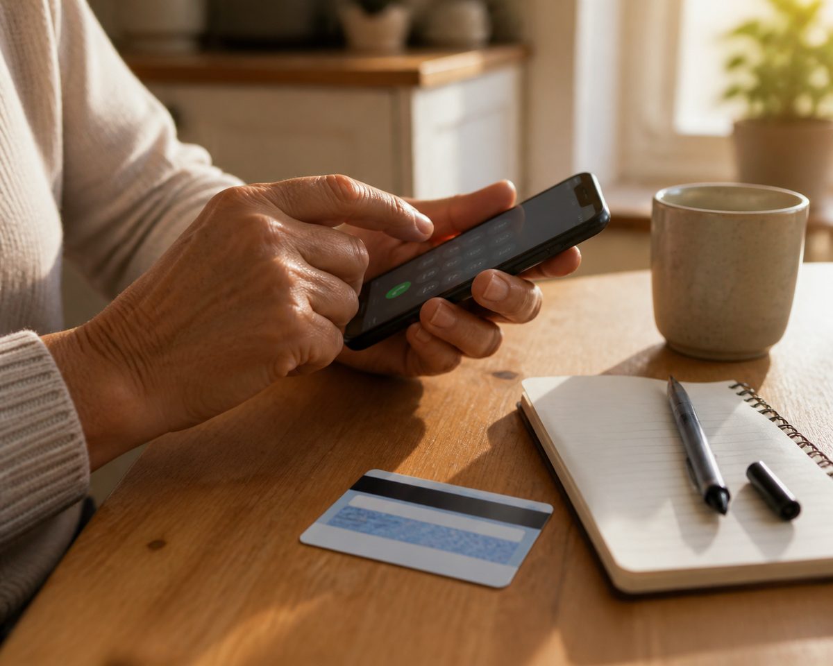 Hands dialing a phone next to a Medicaid card on a kitchen table