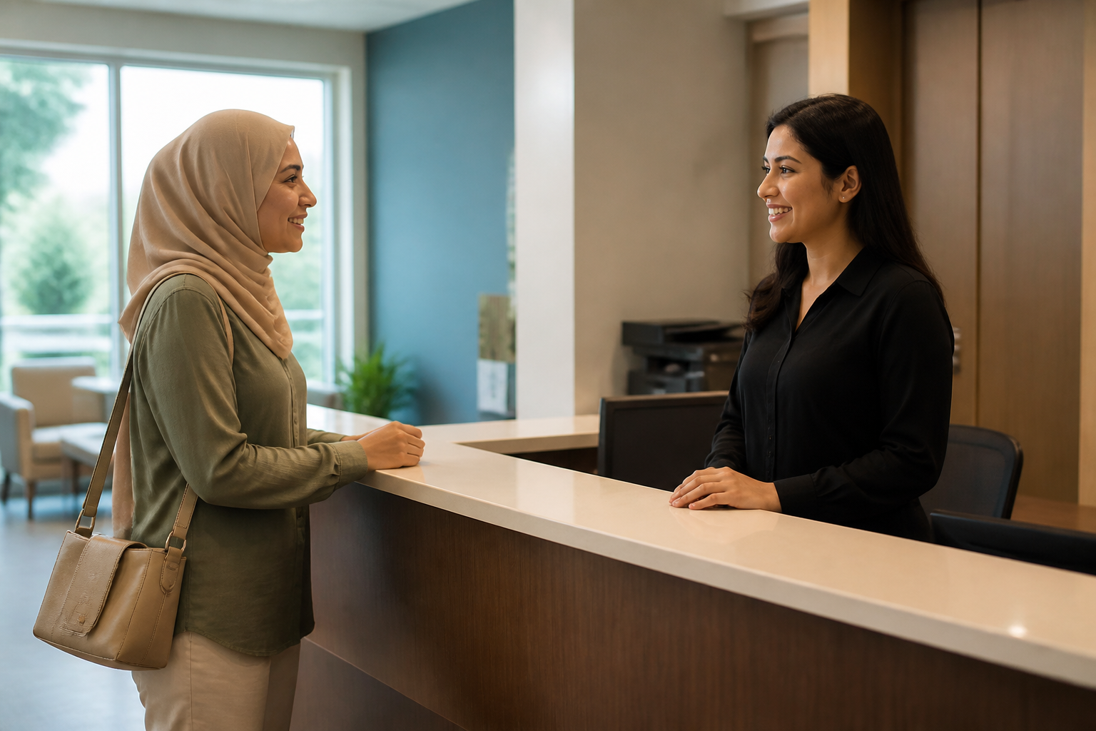 Patient checking in with staff at a clinic front desk