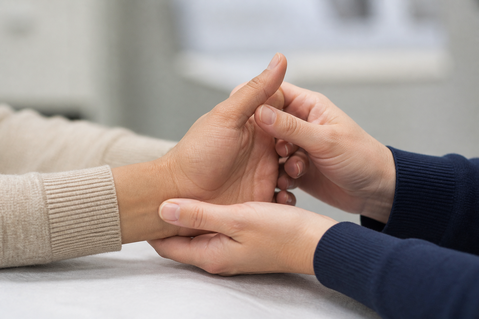 Clinician examining a patient's wrist and thumb during a hand evaluation