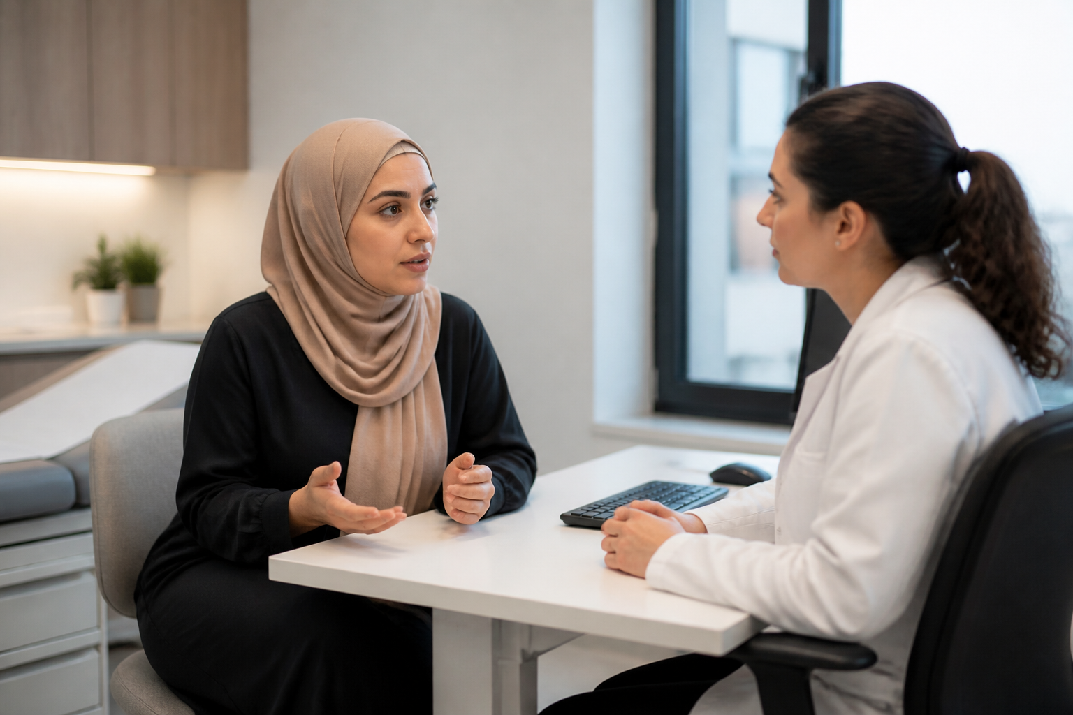 Patient describing symptoms to a clinician during an appointment