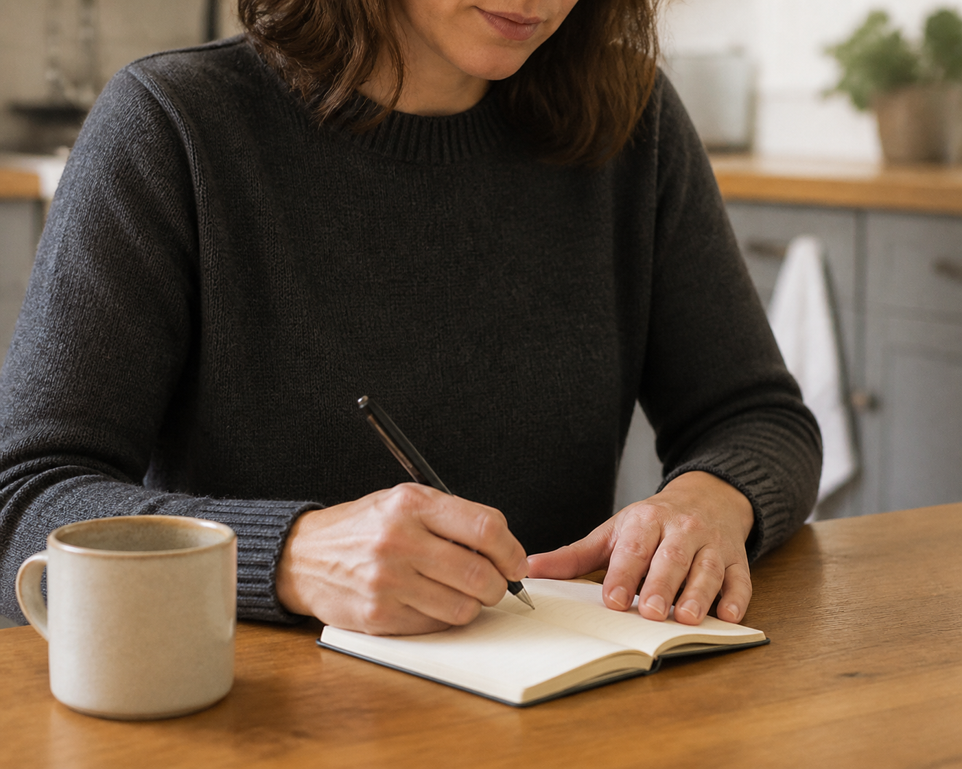 Person writing notes in a journal at a kitchen table before an appointment