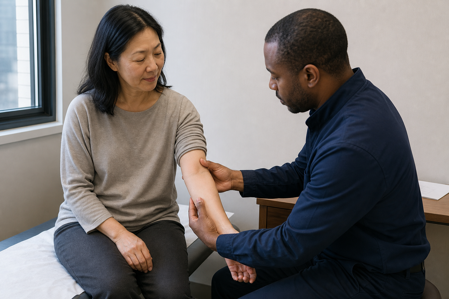 Clinician examining a patient's inner elbow and forearm during an evaluation