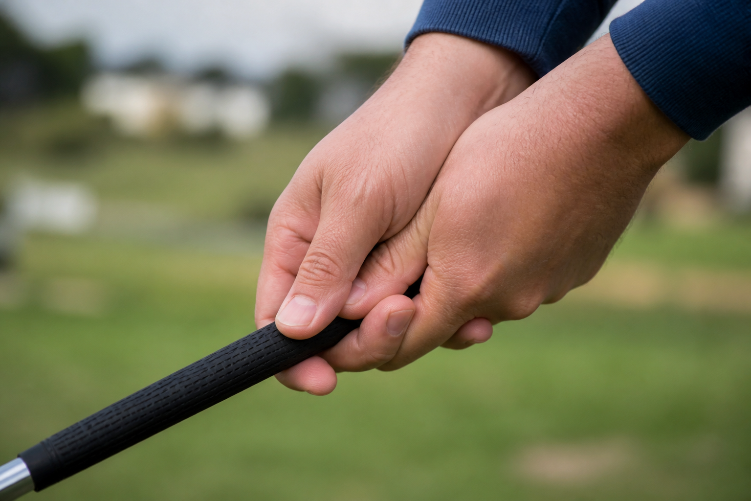Close-up of hands gripping a golf club, a repetitive motion linked to golfer's elbow