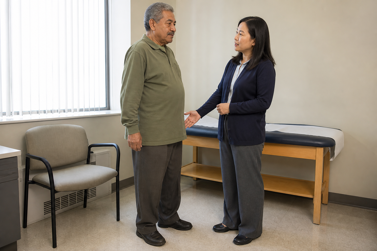 Clinician consulting with a patient in an exam room about hip pain