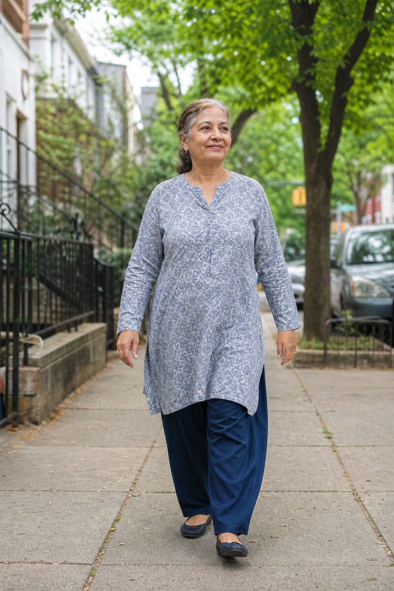 Patient walking comfortably outdoors after cold laser therapy for knee pain