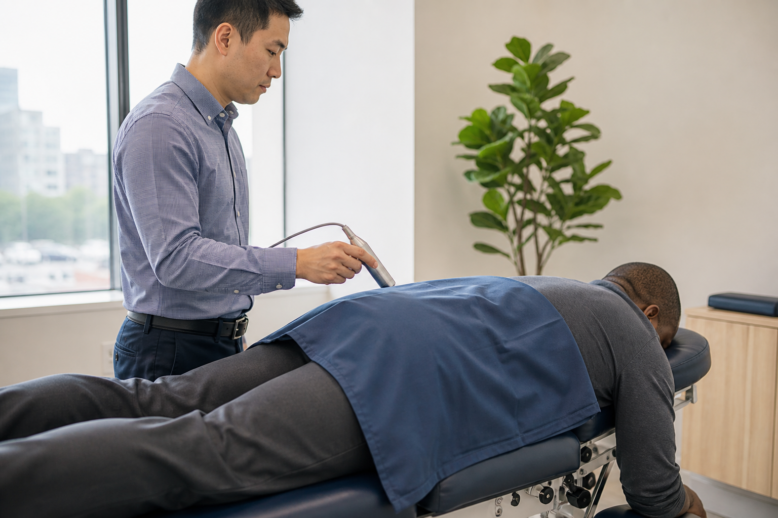 Clinician demonstrating low-level laser therapy applied to a patient's lower back