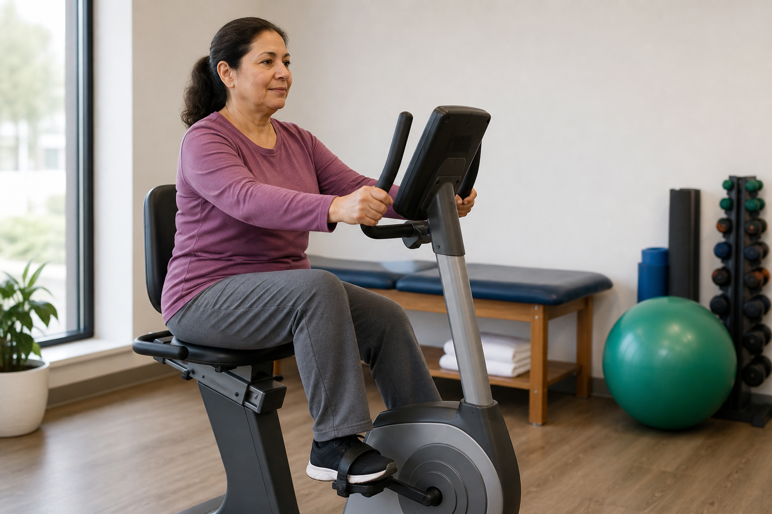 Patient using a stationary bike during a supervised strengthening and physical therapy session