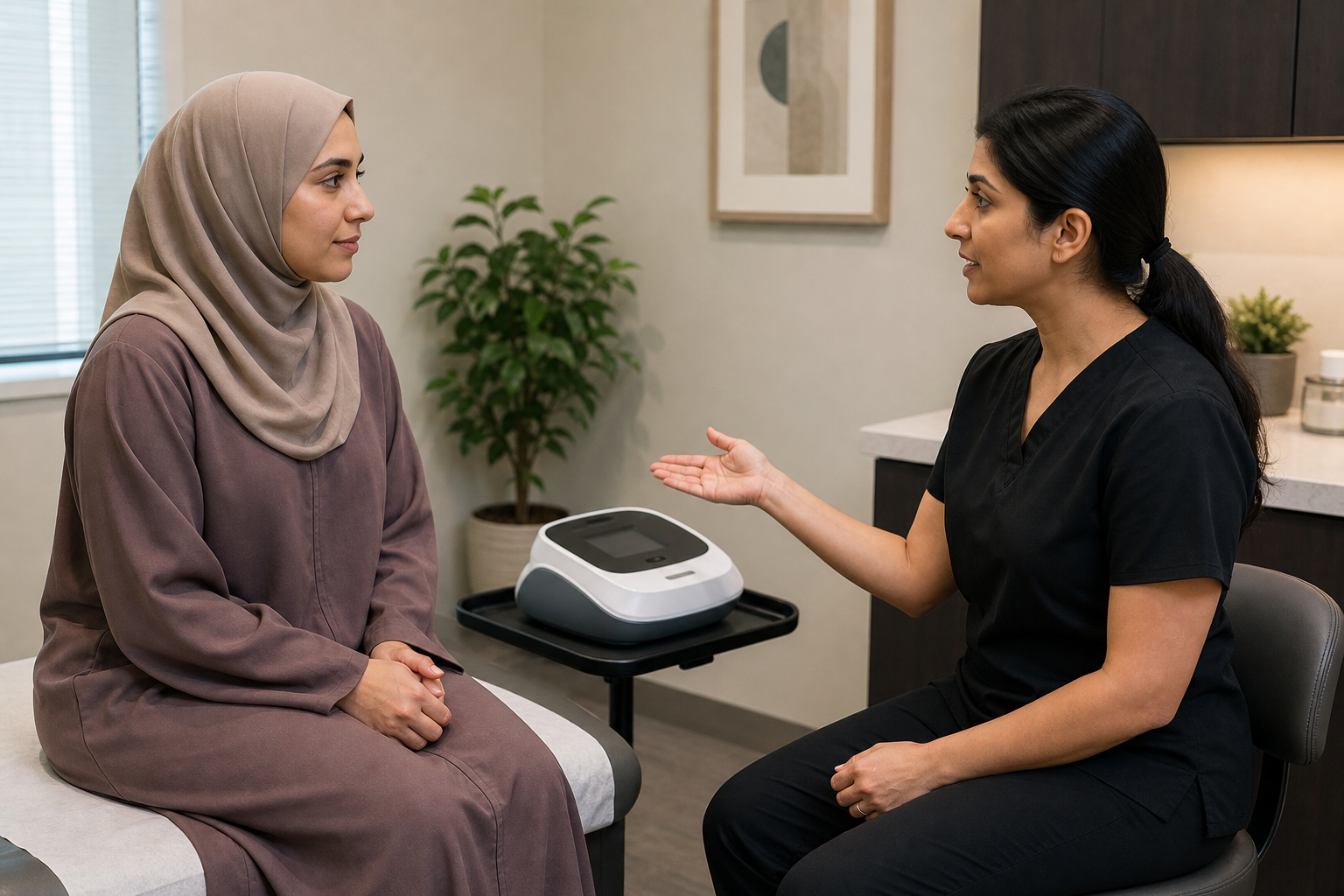 Clinician explaining a non-invasive treatment device to a patient