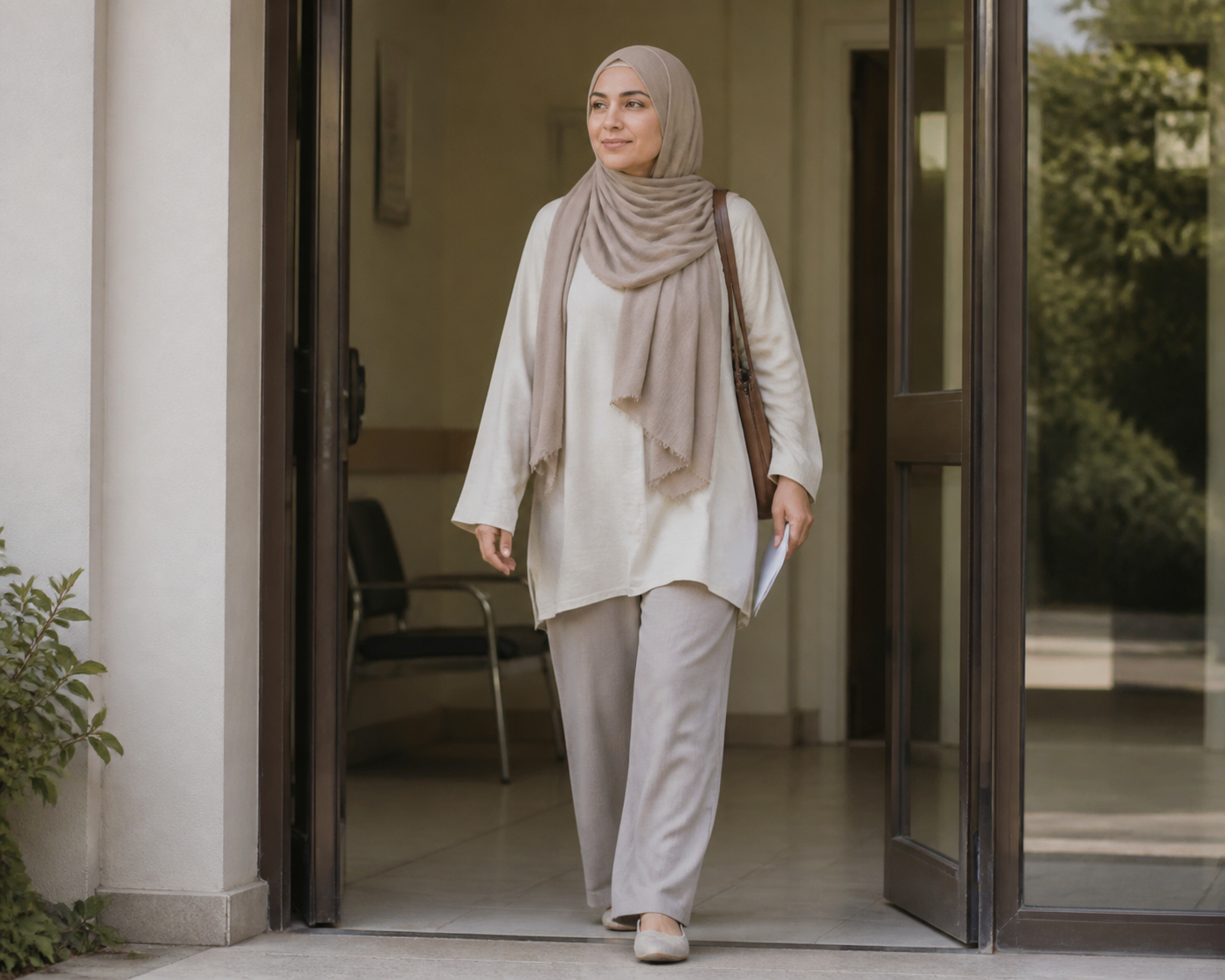 Patient walking out of a clinic entrance