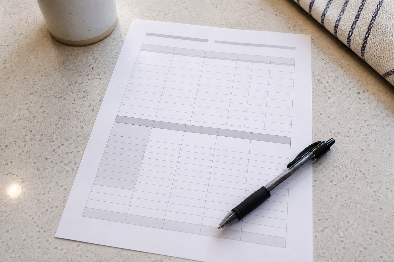 Printed pain diary tracking sheet with a pen, ready to fill out