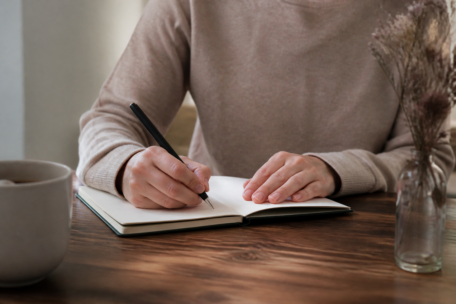 Person writing in a journal at a table