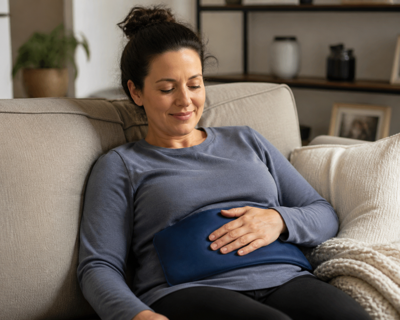 Woman resting on a couch using a heating pad during a pain flare