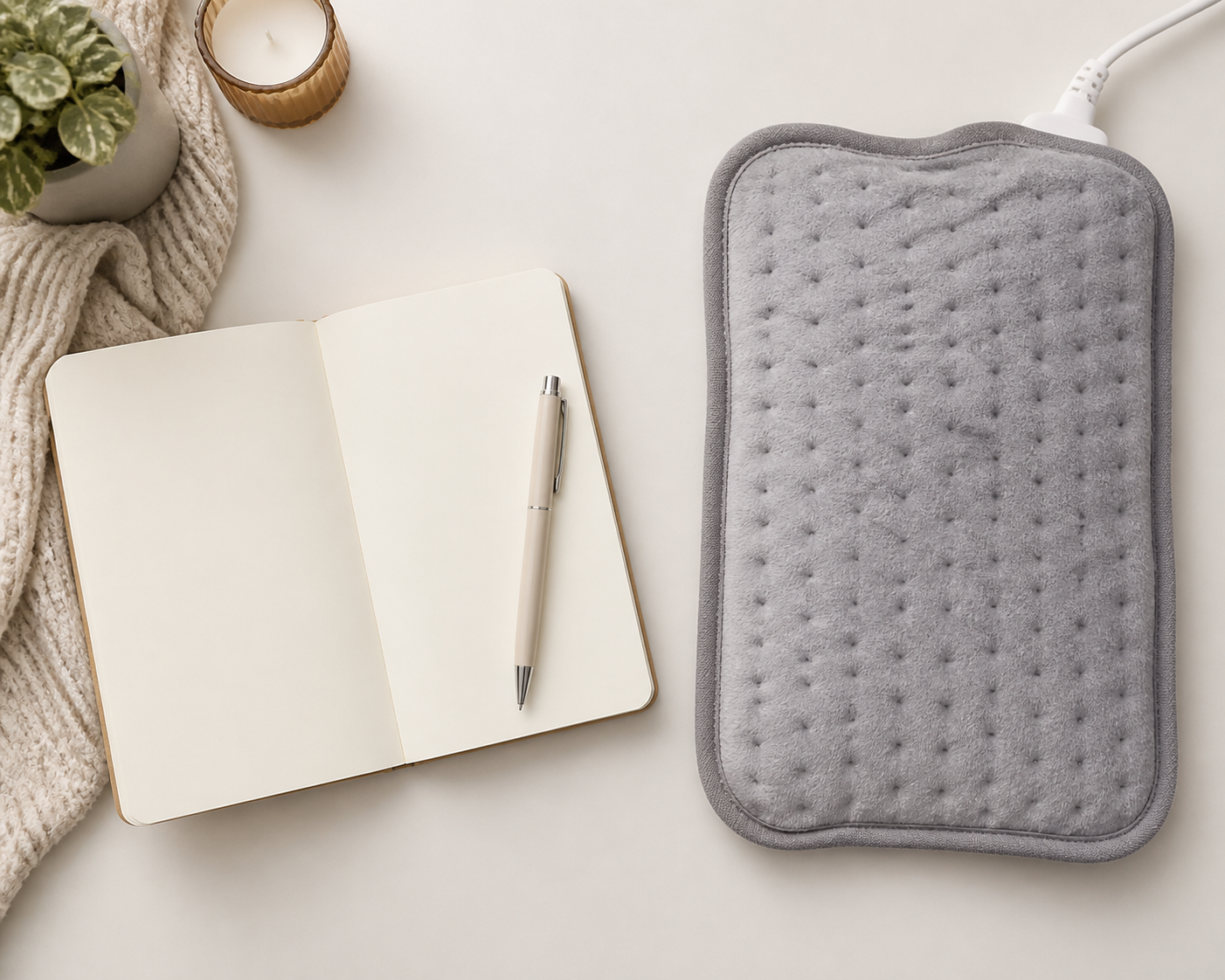 Blank journal, pen, and heating pad for tracking a pain flare