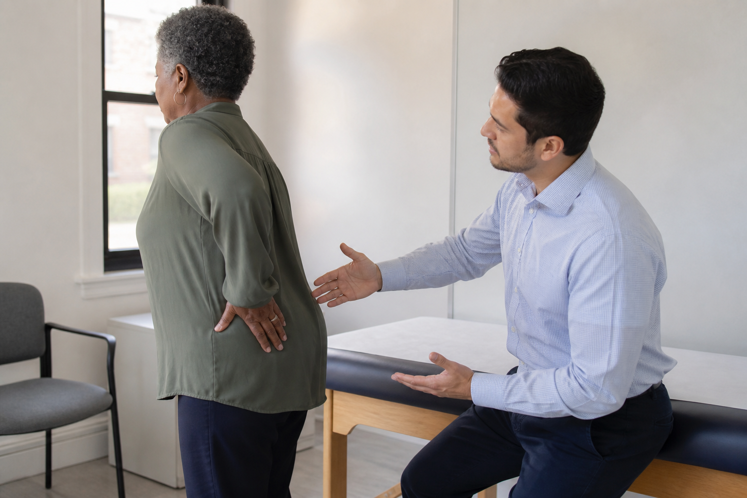 Provider examining a patient's hip and buttock area during a piriformis syndrome evaluation