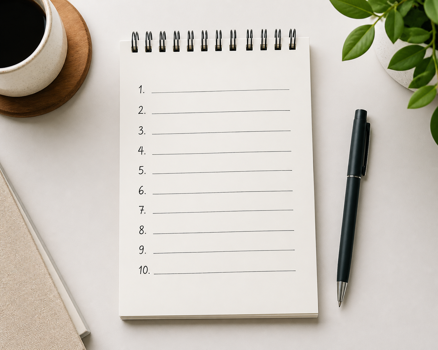 Blank numbered checklist notepad, 1 through 10, ready to fill in questions