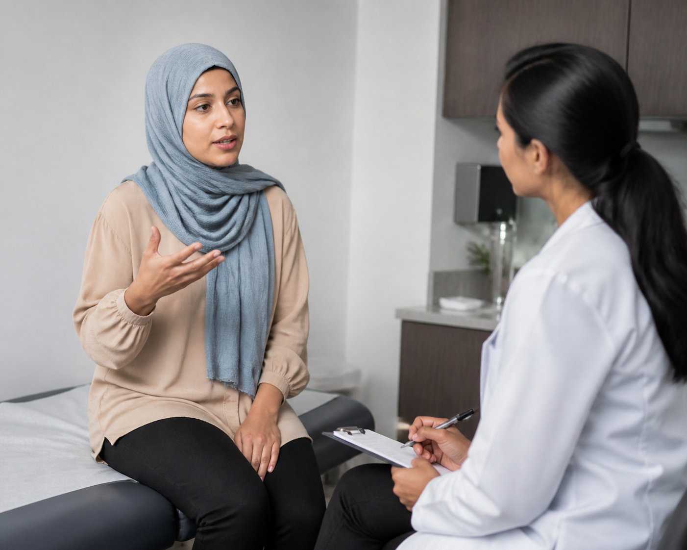 Patient asking a clinician questions during an appointment