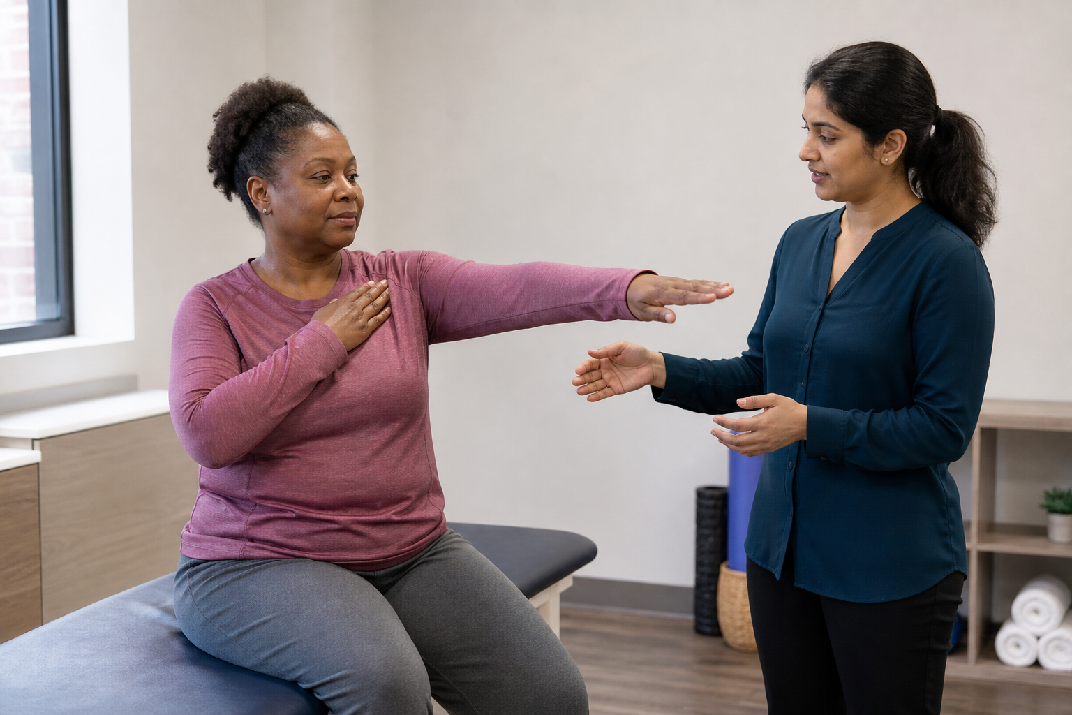 Clinician guiding a patient through a shoulder range-of-motion assessment during a rotator cuff evaluation