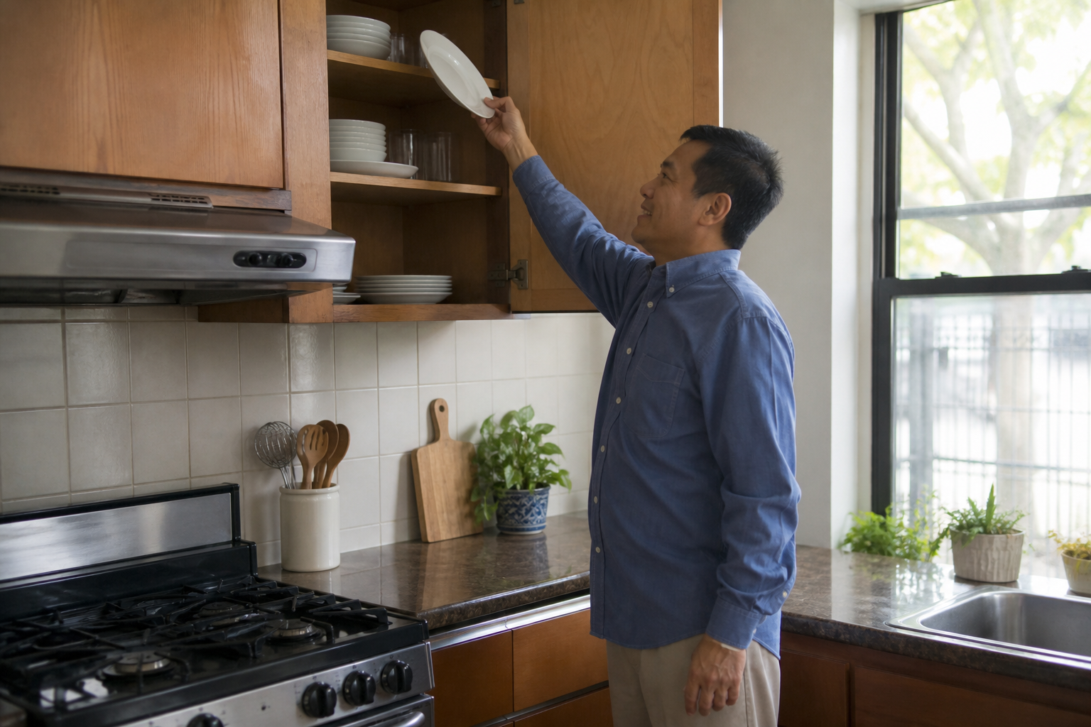Man reaching overhead into a kitchen cabinet, regaining everyday shoulder function after rotator cuff rehab