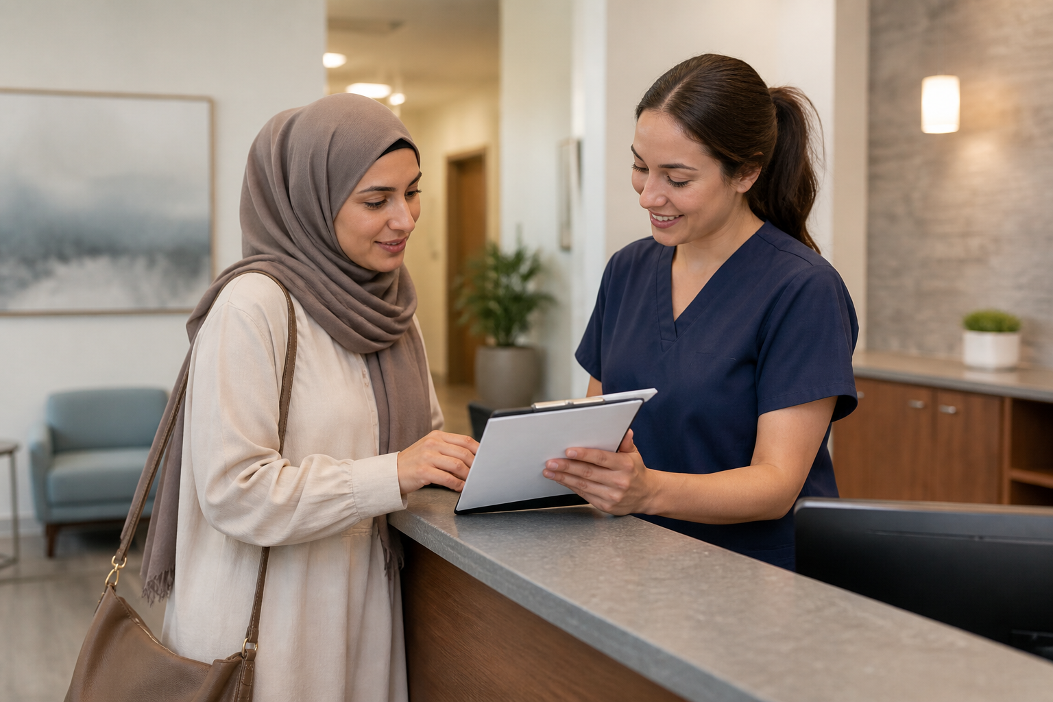 Patient reviewing a treatment quote with a Rockwell Pain Management staff member at the front desk