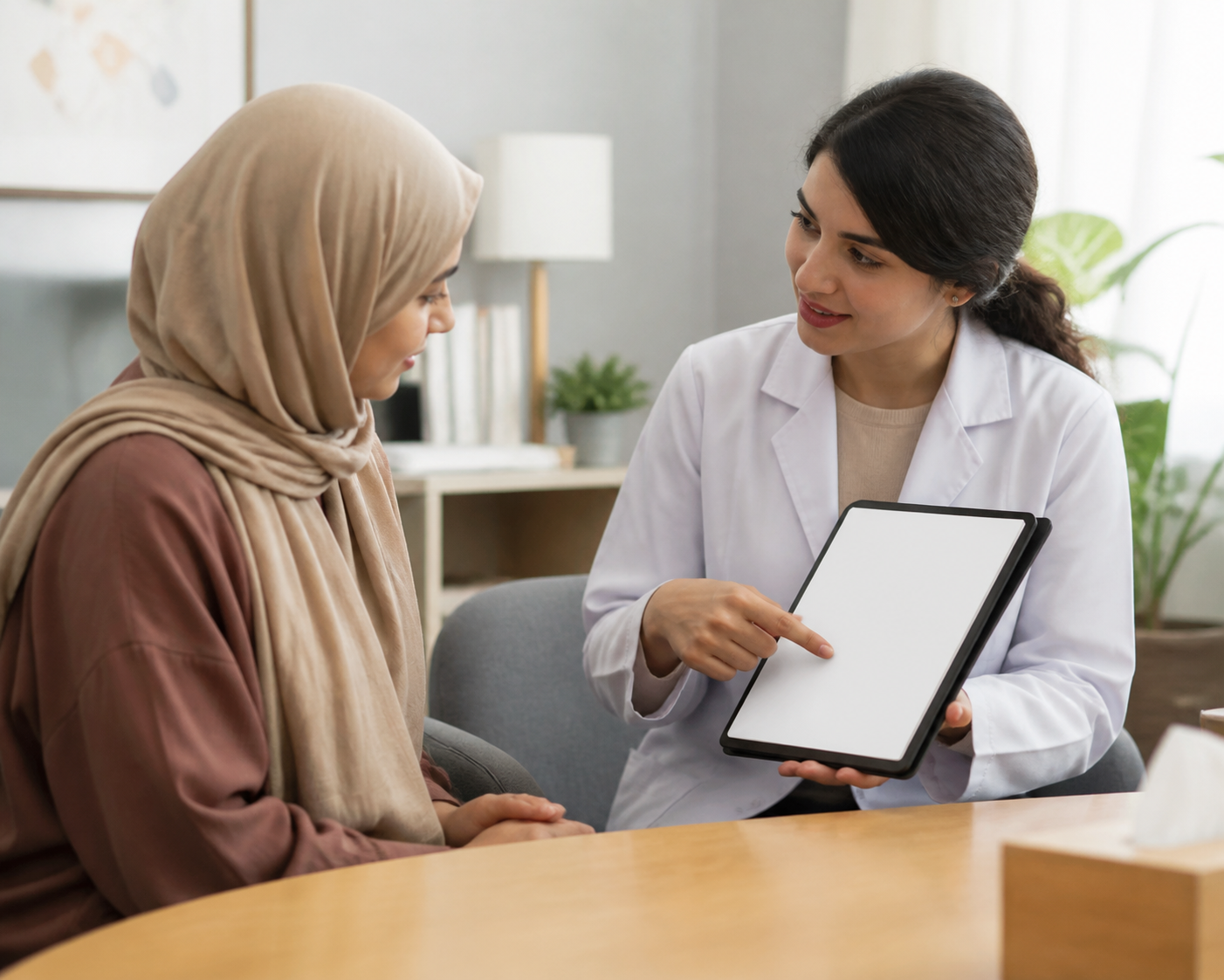 Provider reviewing treatment information with a patient during a shockwave therapy consultation