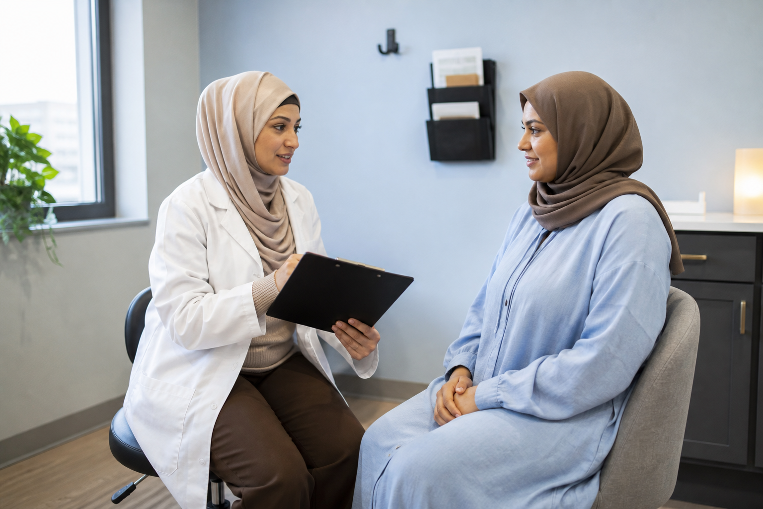 Clinician in a white coat discussing care options with a patient using a clipboard