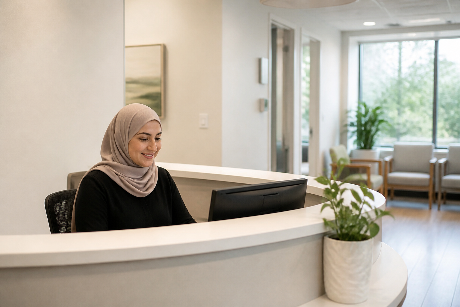 Front desk staff member working at a clinic reception computer