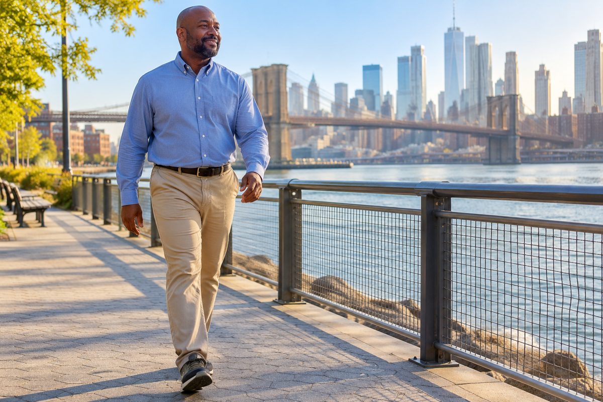 Man walking along a Brooklyn waterfront path in morning light