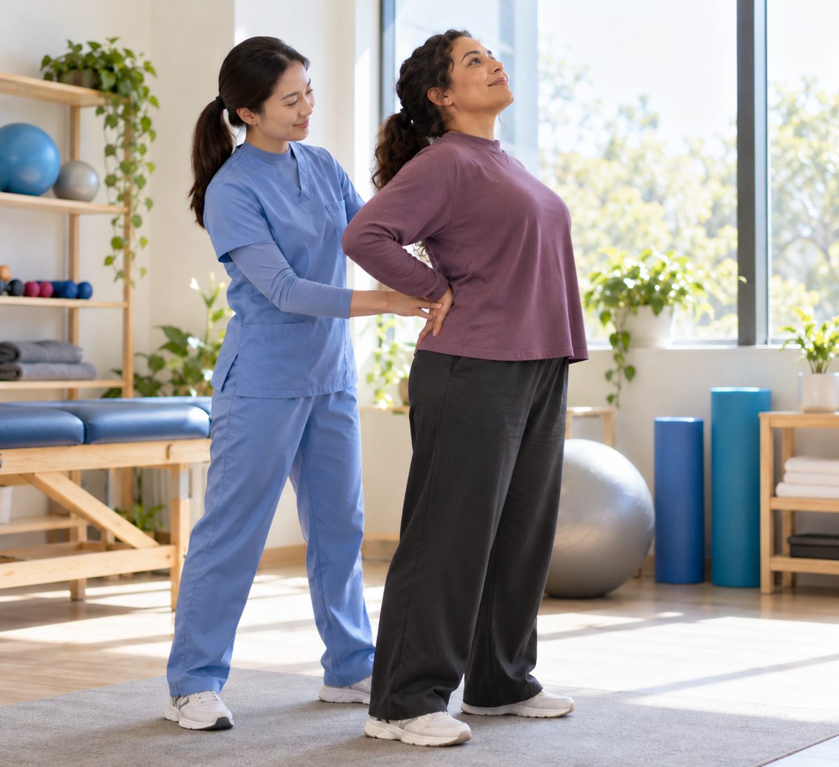 Physical therapist guiding a patient through a gentle standing back-extension exercise