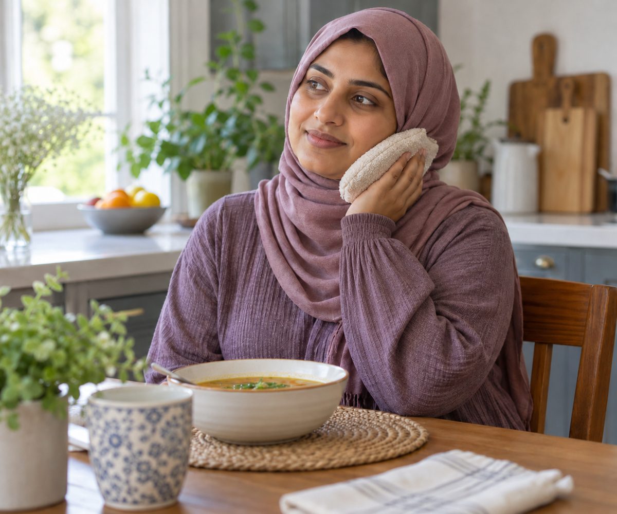 Woman resting a warm compress against her jaw at a kitchen table
