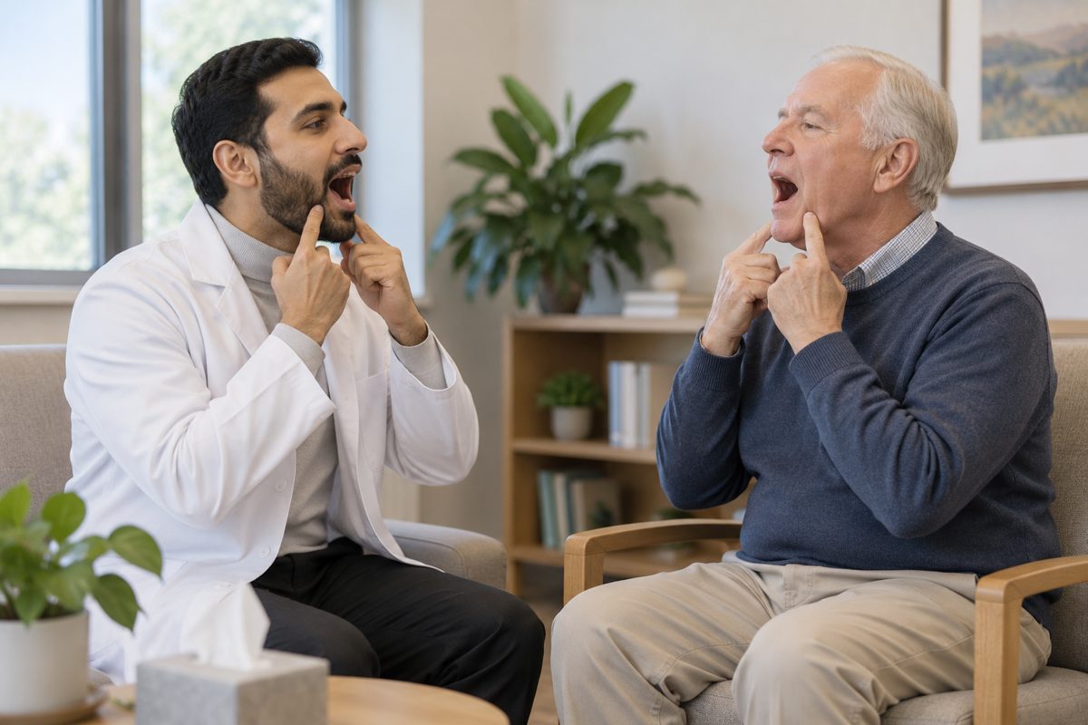 Clinician demonstrating a jaw-opening exercise to an older patient